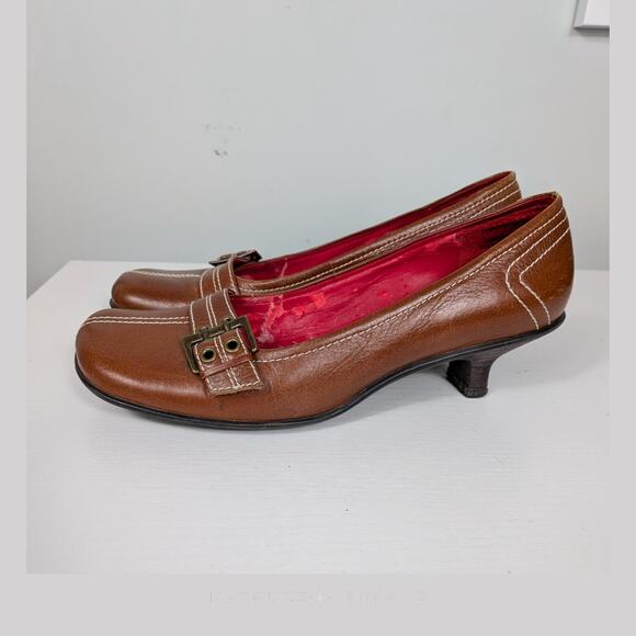 Vintage Y2K Kitten Heel Loafers 7 Brown Buckle Squre Toe Academia Twee Chunky - Picture 5 of 16